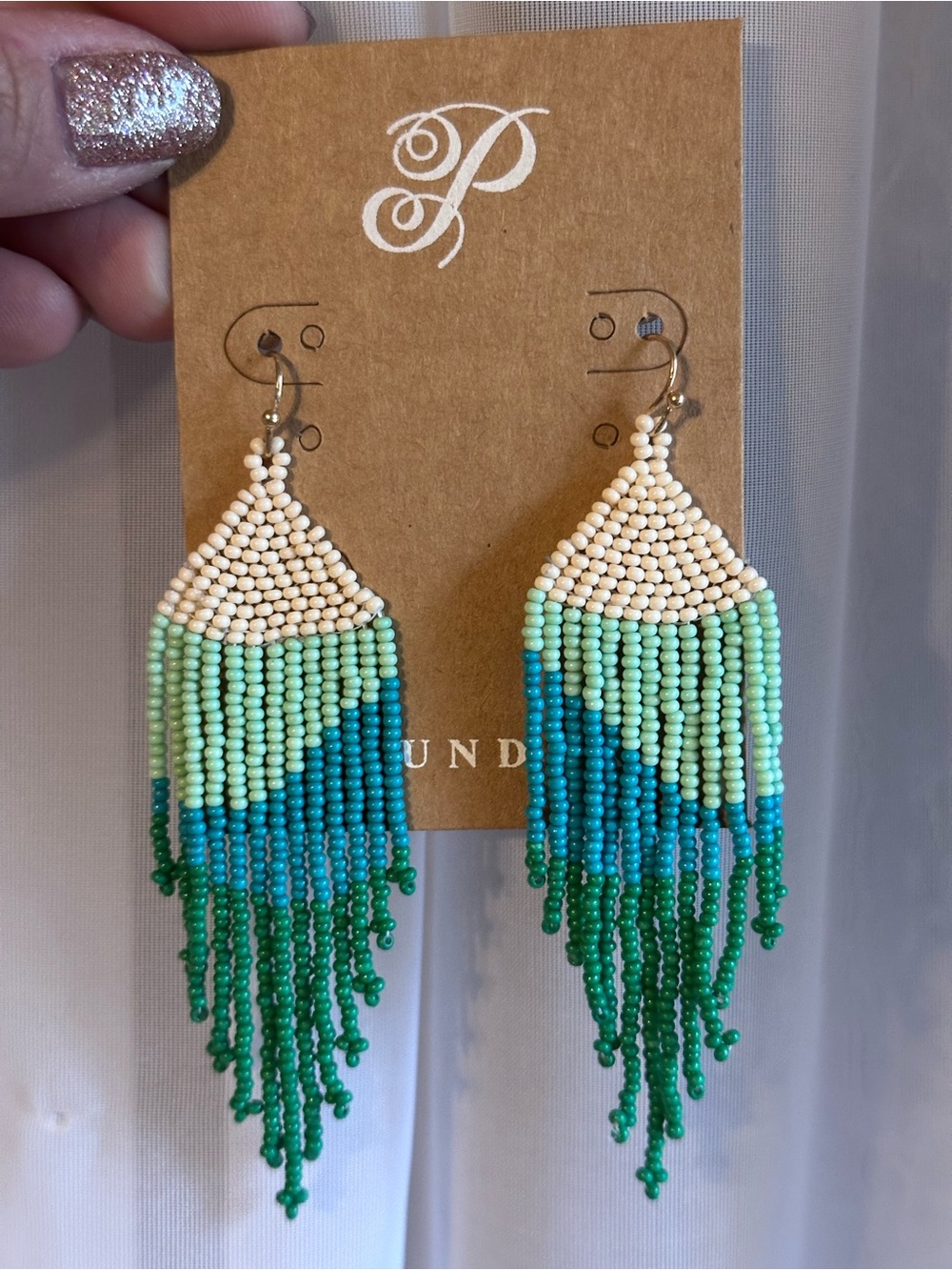 Gradient Green Blue Beaded Fringe Dangle French Hook Earrings
